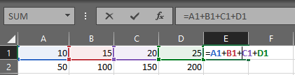 Indtastning af formel (=A1+B1+C1+D1) og udregning vha. "Enter"-tasten.