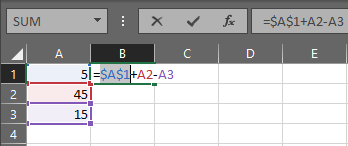 Lås af cellereference "A1" i formel vha. dollartegn ("$").