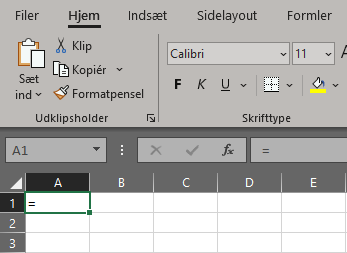 Brug af lighedstegn til formelindtastning i Excel.