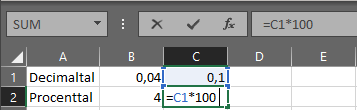 Omregning fra decimal til procent i Excel.