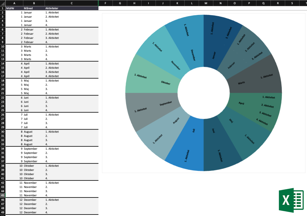 Åben excelfil med et årshjul